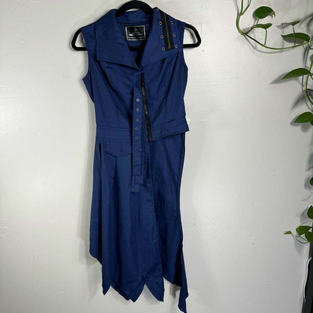 vintage blue asymmetrical dress zipper buckles artsy avantgard midi sleeveless S